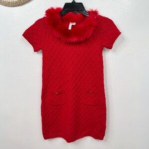 Janie and Jack Girls Sweater Dress Red Faux Fur Collar Short Sleeve Size 8